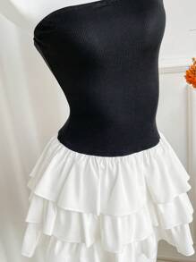 SHEIN PETITE Women's Autumn Cropped Leopard Print Patchwork Layered Ruffle Trim Fitted Mini Dress - Black and White - View 7