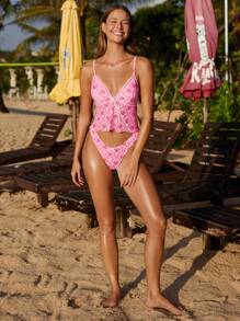 Swim Mod 2pcs/Set Maternity Floral Print Spaghetti Strap V-Neck Ruffle Bow Decor Tank Top Bikini For Summer Beach Vacation - Multicolor - View 5