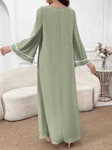 Al Najma 优雅方领喇叭袖串珠花卉装饰女式连衣裙 - 薄荷綠 - 查看 2