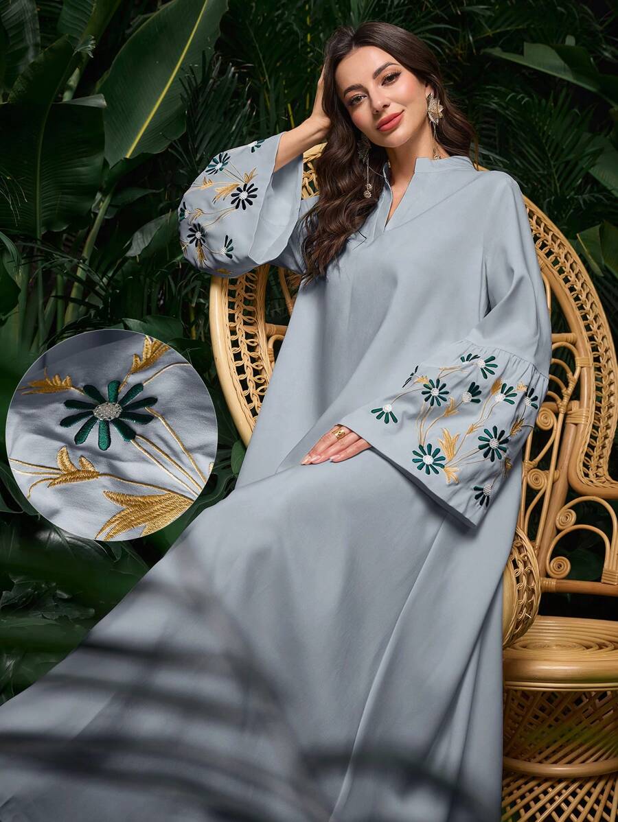 Al Najma Women's Solid Color Woven Embroidered Arabic Style Dress, Modest - Dusty Blue - View 1