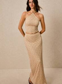 Poéselle Women's Holiday Lace Sleeveless Top And Skirt 2 Pieces Set, Fashionable - Apricot - View 7