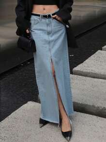 Strévra 女式休闲破洞下摆长款牛仔裙牛仔裙