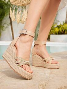 Styleloop Sandales compensées à plateforme avec détail de tresse pour femmes, talons hauts minimalistes à bride élastique ouverts à la mode et , semelle épaisse convenant pour l'été, les sorties, les vacances et l'extérieur