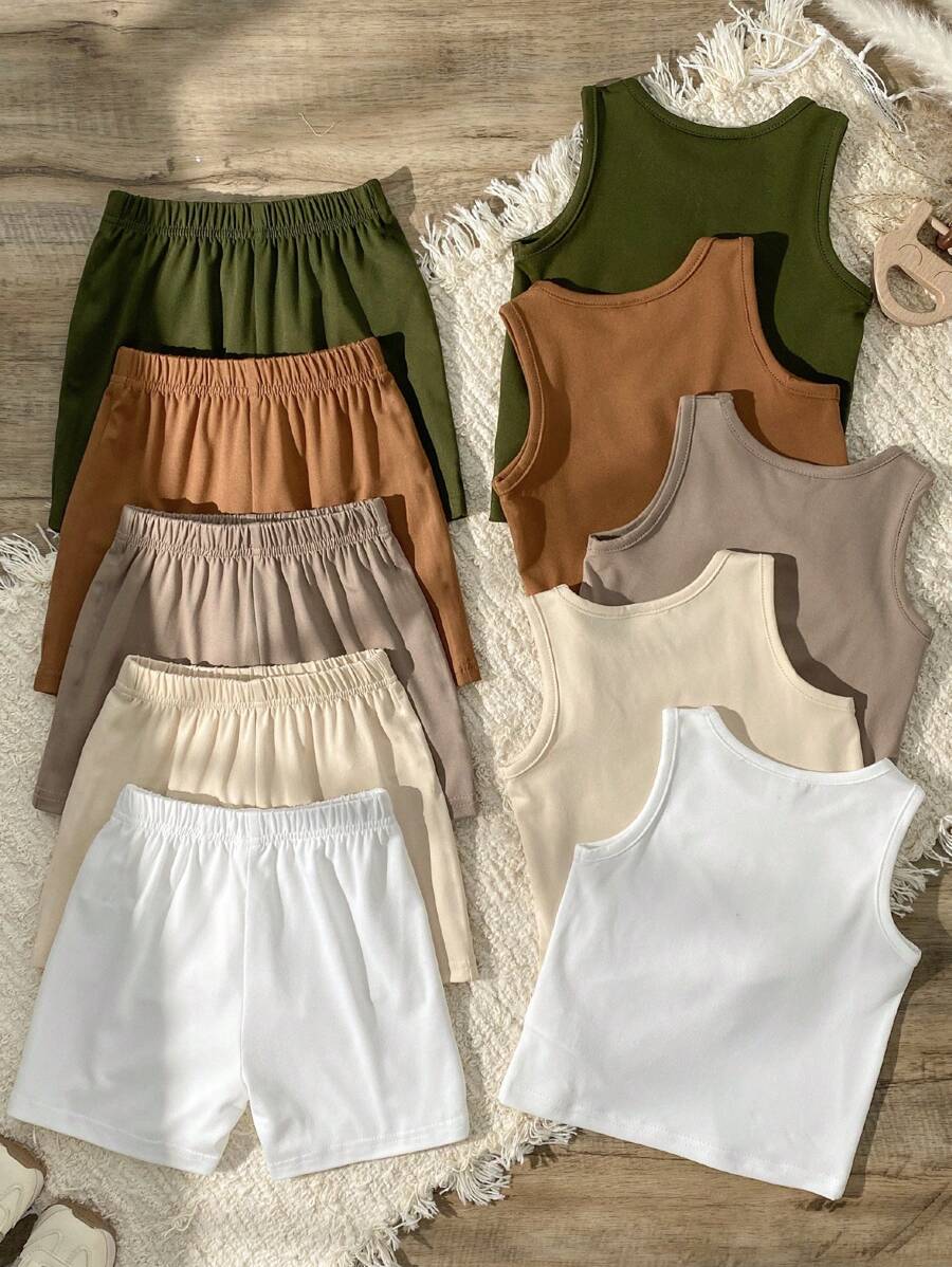SHEIN Vintaside Kids 10件組中性嬰兒男童夏季套裝 白色休閒家庭款 幼童嬰兒圓領上衣搭配寬鬆短褲 極簡風 - 彩色 - 查看 1