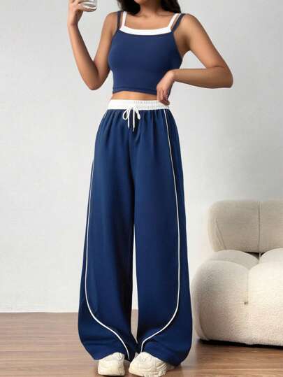 SHEIN Teen Girls Streetwear Casual All-Match Matching Activewear 2 Pieces Set: Tank Top + Loose Contrast Side Pants