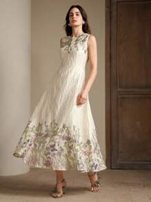 Anewsta Women's Elegant Romantic Date/Party Embroidered Floral Sleeveless Dress, Ideal For Spring & Summer, Casual Vacation, Festival, Wedding Guest - Apricot - View 7