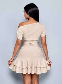 SOLERSUN Women's Elegant Party Daytime Apricot Knitted Asymmetrical Neck Neck Long Sleeves Gathered Double Ruffle Mini Dress - Apricot - View 2