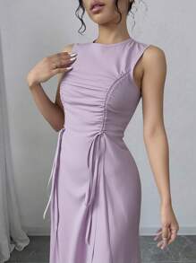 Modelyn Robe femme sans manches de couleur unie avec cordon de serrage froissé - Prune - Voir 4