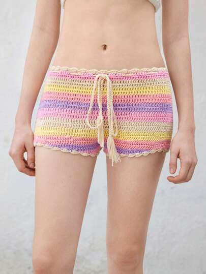Skyraze Women's Mohair Colorful Striped Knit Shorts