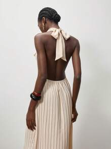 Lumivelle Vestido de mujer fruncido sin espalda con cordón a la cintura, Vestido largo de mujer de cuello de capucha en beige