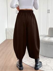 Chiquease Women Solid Color Elastic Waist Pockets Loose Casual Wide Leg Pants - Coffee Brown - View 2