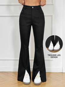 SHEIN EZwear 女式休闲百搭口袋喇叭下摆及踝长裤 - 黑色 - 查看 1