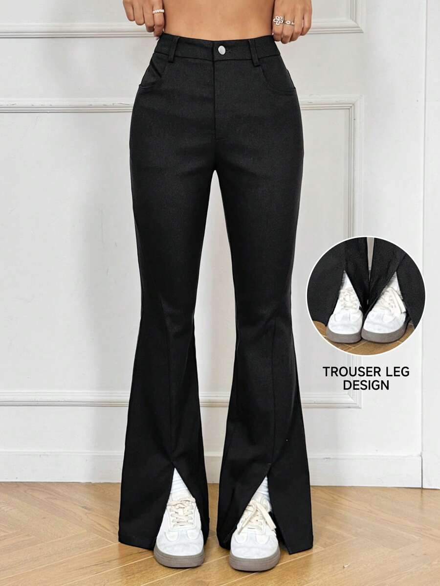 SHEIN EZwear 女式休闲百搭口袋喇叭下摆及踝长裤 - 黑色 - 查看 1