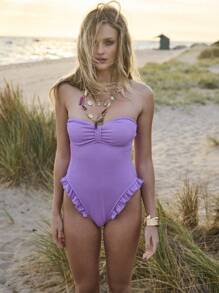 Aralina 夏季度假无肩带荷叶边优雅连体抹胸泳衣 - 紫色 - 查看 8