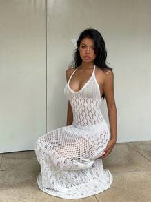 Aloruh 女式长款钩针镂空露背紧身针织鱼尾白色连衣裙，春夏