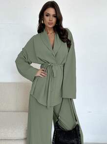 Firerie 女士优雅休闲度假通勤办公室撞色翻领系腰宽松紧身衣和高腰休闲裤，适合秋夏季 - 薄荷綠 - 查看 3