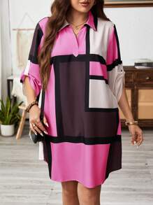 SHEIN LUNE Plus Shirt Dress Casual Dress Midi Dress Outdoor Office Daily Fashion Modern Shirt Collar Button Pocket Long Sleeve Summer Wedding Guest Dress Women Mother Day Simple & Fashionable - Hot Pink - View 1