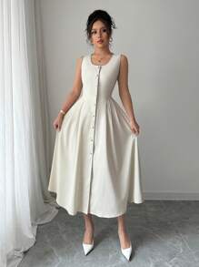 Elenzga 女士优雅撞色复古硬币设计吊带背心连衣裙，配珍珠纽扣和褶皱，休闲度假装 - 杏色 - 查看 5