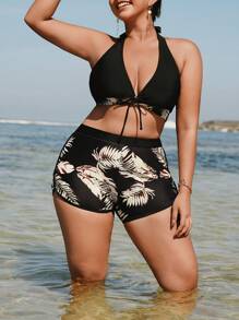 Swim Vcay Plus Size Women 2pcs/Set Random Leaf Neck Halter Split Vacation Casual Swimwear Set - Multicolor - View 4