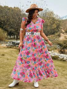 SHEIN LUNE Plus Size Floral Print Shirred Detail Long Vacation Casual Dress Boho Summer Midsummer Day Outfit Graduation Dress Wedding Guest Dress Women Vacation Outfits Woman Beach Outfits For Woman Festival Sundress Birthday Dresses For Women Pride Day - Pink - View 5