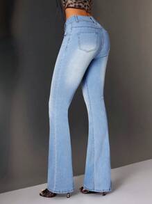 INAWLY Women's Casual Washed Low Waist Slim Fit Flare Jeans - Light Wash - View 2