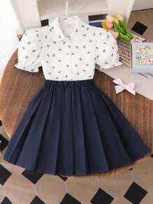 少女甜美蝴蝶结衬衫和百褶迷你裙套装 - 藏蓝色 - 查看 1