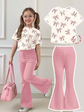 SHEIN 2pcs/Set Young Girl Casual Pink Leopard Print Bow Decor Round Neck Short Sleeve Top And Flared Pants, Summer Summer Outfits