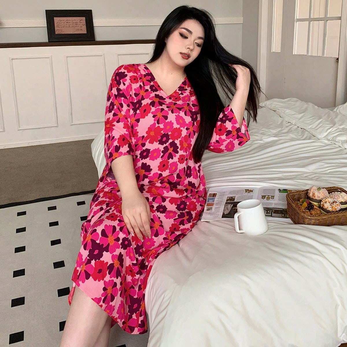 Camisón maxi de manga 3/4 con cuello en V y estampado floral, talla grande, para otoño e invierno