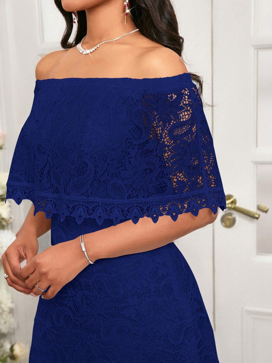 SHEIN Lady White Lace One-Neck Cape Elegant Dress Valentine's Day Women Midi Dresses - Navy Blue - View 1