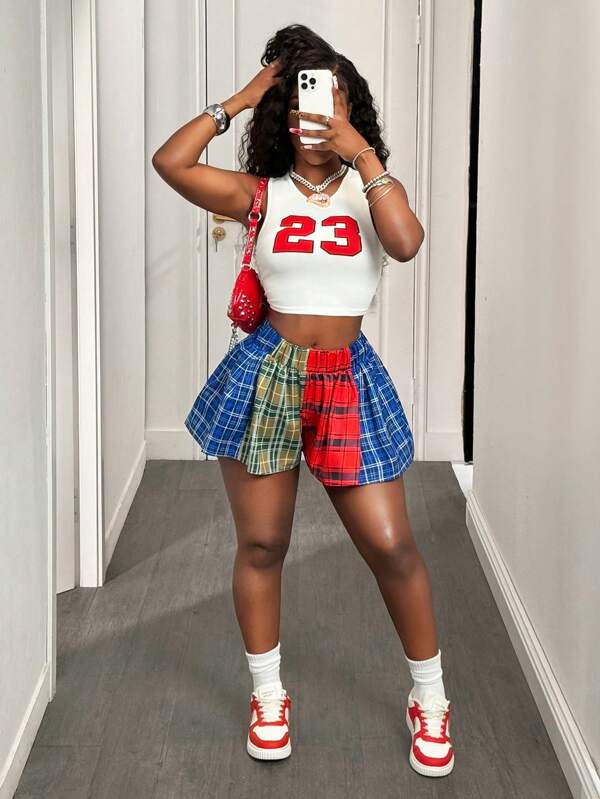 BamGleam Hip Hop Casual High Waist Plaid Patchwork Summer Shorts, Designed Women Shorts 2025 New Collection