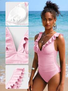 SHEIN Swim Vcay Bộ đồ bơi một mảnh cổ chữ V sâu xếp nếp màu trơn gợi cảm dành cho nữ đi nghỉ mát - Hồng - Xem 5