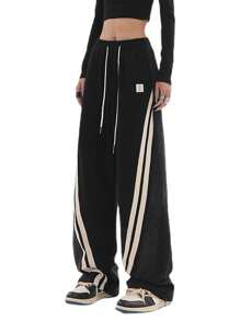 Manfinity VCAY Unisex Casual Knitted Drawstring Wide Leg Straight Sweatpants, Suitable For Daily Wear - Black - View 1