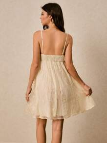 Poéselle 米色连衣裙、太阳裙、立体刺绣连衣裙、露背连衣裙、礼服、婚纱、夏季女装、节日服装、女士休闲花卉印花宽松吊带迷你连衣裙 - 杏色 - 查看 6