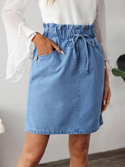 EMERY ROSE 女士纯色纸袋腰纽扣口袋牛仔 A 字裙