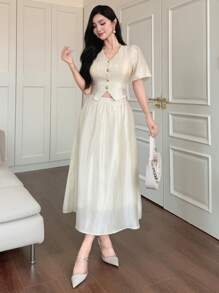 DAZY Set de 2 piezas para mujer: Blusa de manga abullonada con textura de unicolor y falda