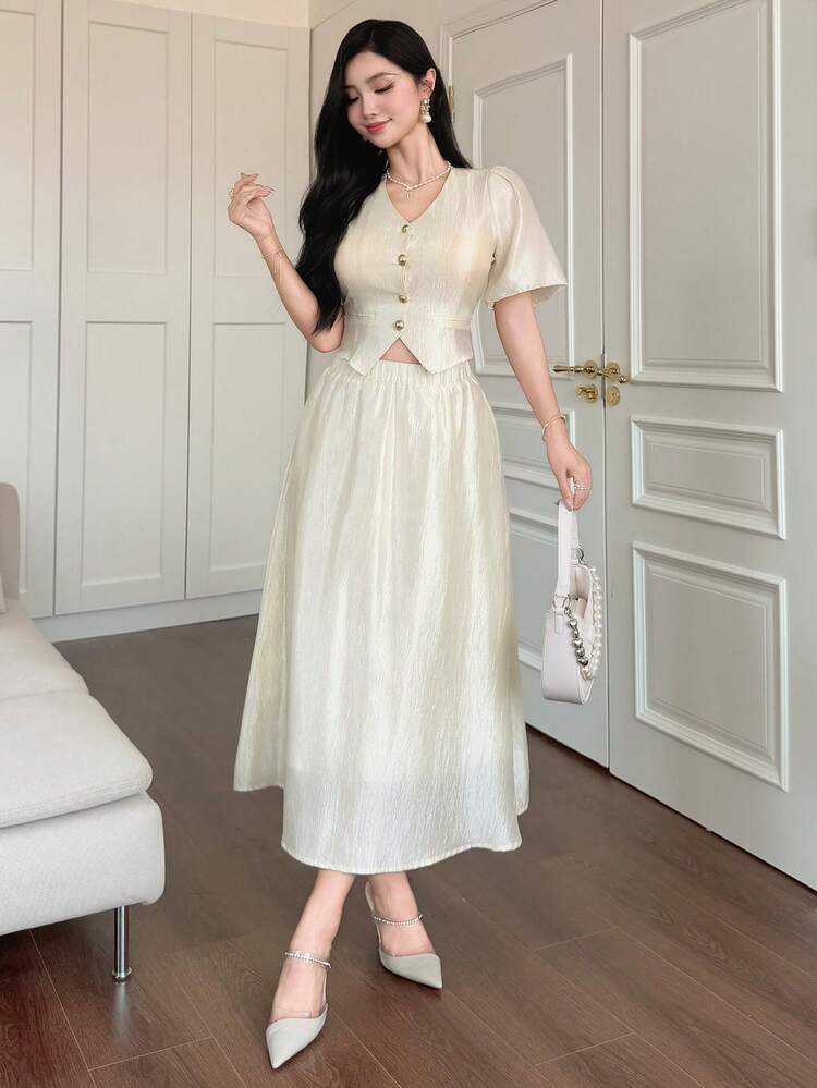 2pcs Women's Set: Solid Color Textured Puff Sleeve Blouse & Skirt
