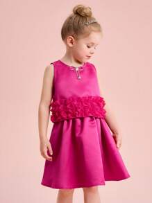 SHEIN Young Girl Elegant Cute Rose Red Bow Sleeveless Top And Elastic Waist Skirt Set - Pink - View 5