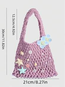 Fairycore 1个时尚个性化橙色海洋编织沙滩手提包，大号女士手提包，适合春夏度假 - 彩色 - 查看 3