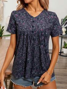 Vacation Casual Loose Fit V-Neck Ditsy Floral Short Sleeve T-Shirt - Black - View 3