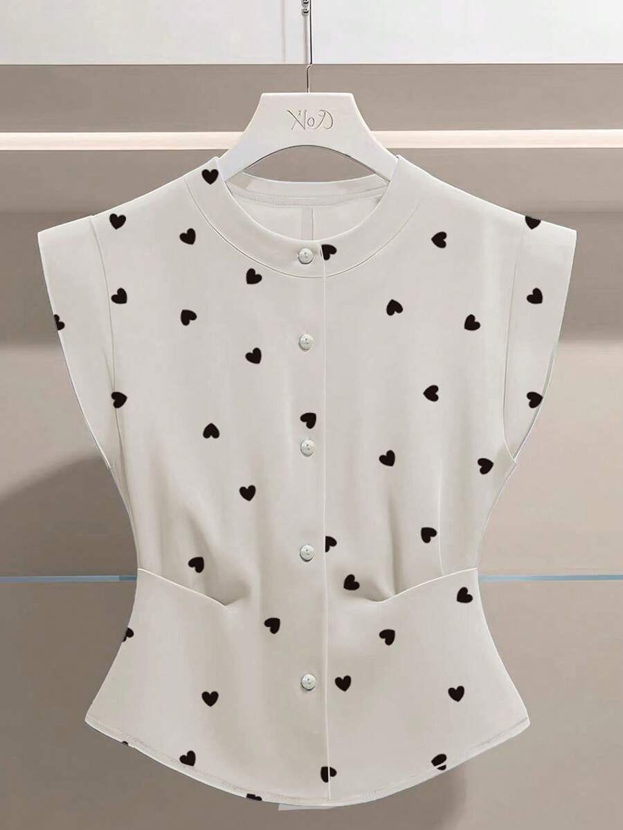 SHEIN 女式夏季休闲心形印花收腰衬衫 - 杏色 - 查看 1