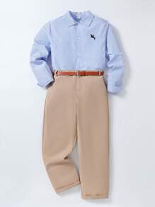SHEIN 2pcs/Set Teen Boy Gentleman 2 Pieces Set, Stripe Embroidery Casual Stylish Slim Fit Long Sleeve Shirt + Khaki Pants Gentleman Suit, Elegant School/Daily Outfit, Wedding/Wedding Guest/Pageboy/Ring Boy - Multicolor - View 4