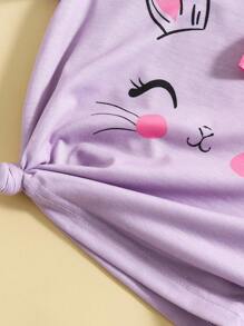 SHEIN Young Girl's Summer Casual Rabbit Print Bow Decor T-Shirt - Multicolor - View 7