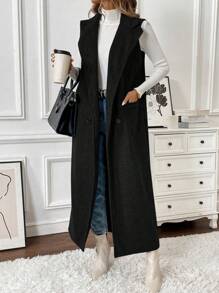 Chiquease Sleeveless Lapel Collar Double-Breasted Single-Breast Pocket Maxi Overcoat For Women - Black - View 7