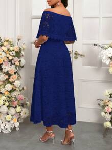 SHEIN Lady White Lace One-Neck Cape Elegant Dress Valentine's Day Women Midi Dresses - Navy Blue - View 2