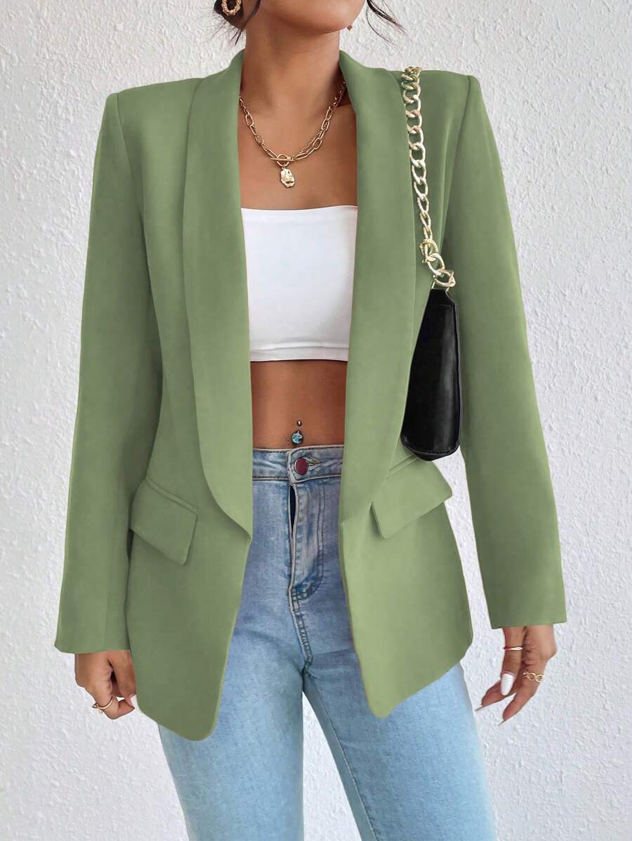 RosyDaze Women's Solid Color Shawl Collar Long Sleeve Casual Blazer Jacket - Green - View 1