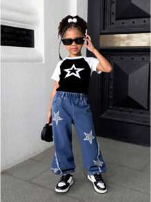 SHEIN 2pcs/Set Young Girls Elegant Five Star Print Round Neck Crop Top With Belt & Pockets Denim Long Pants Outfit - Black - View 3