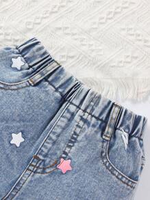 Young Girl Casual Cute Star Print Loose Comfortable Jogger Denim Shorts