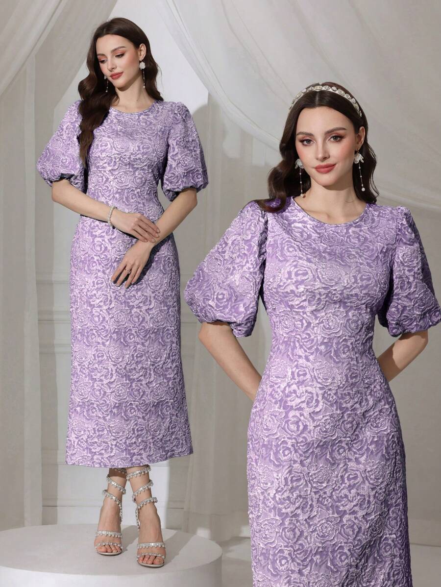 Modelyn 纯色提花泡泡袖女长款连衣裙 - 紫色 - 查看 1