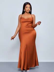 SOLERSUN Plus Size Women's Clothing Hanging Neck, Suspender, Swing Collar, Pocket Collar, Low Waist, Cross Open Back, Fishtail, Long Green Matcha Green Dress, Sexy And Elegant Party Dress, Sisters Evening Dress, Ladies Dress Maxi Satin Women Outfit /Spring Outfits For Women Wedding Guest Dress Women Concert Outfit Women