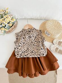 LMoss Kids LMoss 2pcs Young Girl Ditsy Floral Woven Casual Shirt And Woven Mini Skirt Set - Apricot - View 2